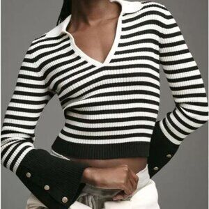 MAEVE by Anthropologie S Black White Bell-Sleeve Polo Sweater